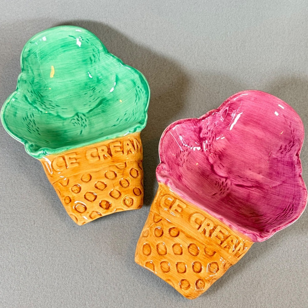 Vintage 1995 Lotus Ceramic Ice Cream Cone Bowls Set of 2 Pink Green Kitsch Retro